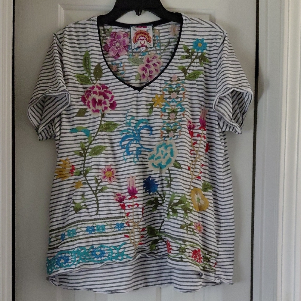 Johnny Was Striped V-Neck Tee with Multicolor Floral Embroidery